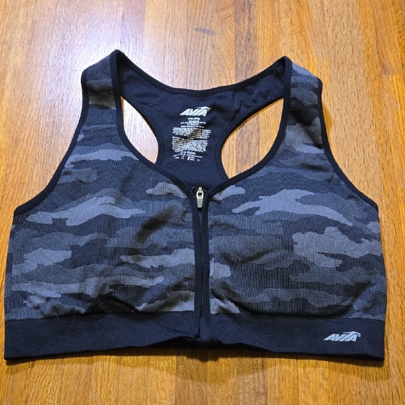 Avia Women 2XL Black Gray Camouflage Razorback Zip Front Padded Sports Bra - Picture 1 of 11